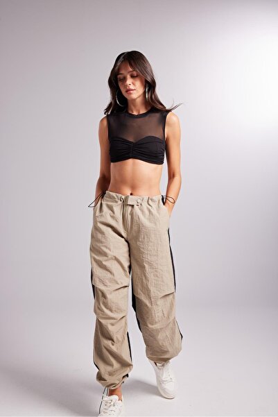 HOLLY LOLLY Bel Ve Paçası Ayarlanabilir Lastikli Çift Renk Bicolor Paraşüt Pantolon Bej