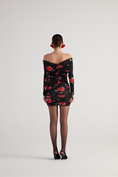 HOLLY LOLLY Μαύρο ντραπέ Μίνι Φόρεμα Rosalinda - Γιακάς Madonna και στάμπα τριαντάφυλλου