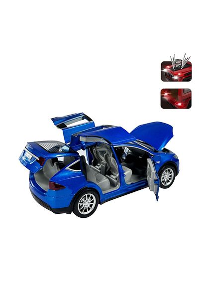 FEN TOYS طراز تسلا X أزرق 1:22 نموذج سيارة معدني مع عادم صوت خفيف سموكي