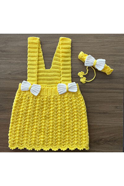 eclora design El Örgüsü Bebek Elbisesi ve Saç Tokası Set 1-2 Yaş