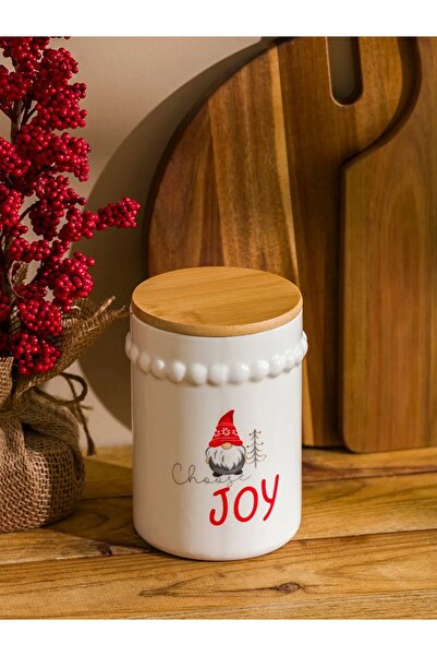 LC Waikiki Lcw Home Ecru Ceramic Storage Container with Wooden Lid 16 cm