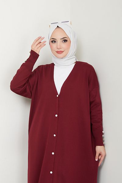 Pamuk Butik Women's Mercerized Button Detailed Full Length Knitwear Cardigan Claret Red