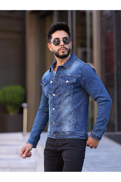 WKM Men's Acid Blue Jean Denim Standard Fit Pocket Button Jeans Jacket