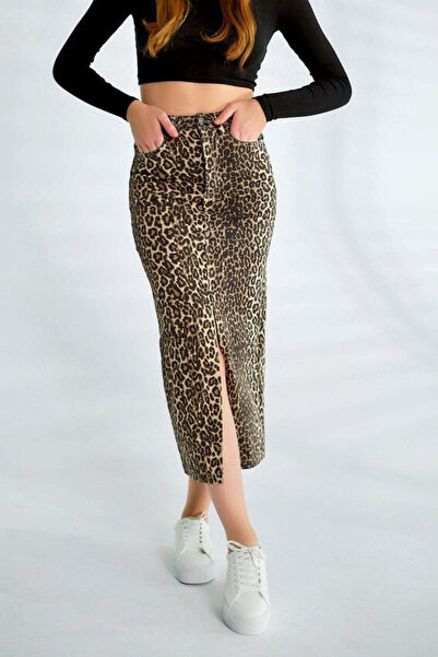 Lady Beezy Boutıque Kadın Leopar Desen Denim Kumaş Midi Boy Kahverengi Siyah ...