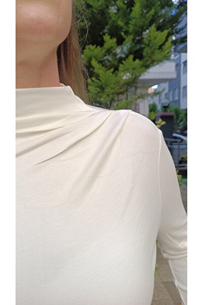 KAROL Premium Quality Soft Texture Full Stretchy Collar Drape Detail Ecru Blouse