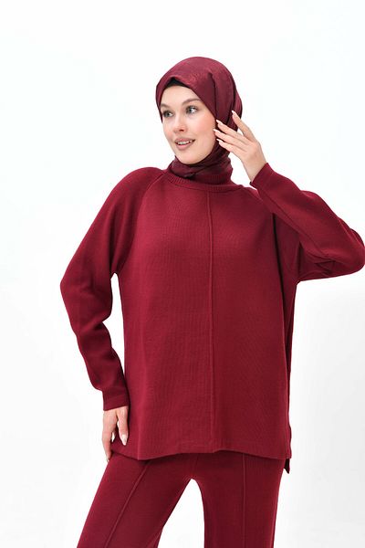 lovebox Burgundy Knitwear Hijab Set - Oversize Sweater and High Waist Pants 1070