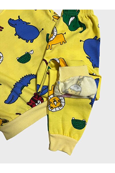 Fil Kids Erkek Çocuk Pamuklu Şardonlu Sarı Aslan Fil Zürafa Safari Desenli Uzun Kollu Kışlık Pijama Takımı