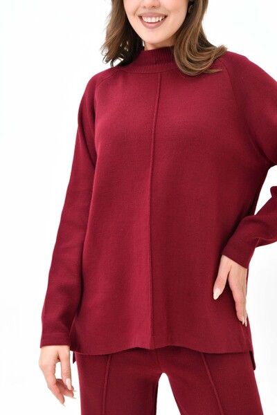 vuvutasarım Burgundy Knitwear Sweater and Pants Set - Stand Collar, Long Sleeve - High Waist 1070