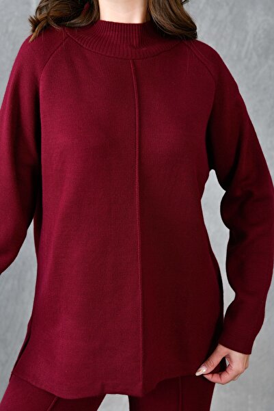 WOMAN VISION Bordó kötöttáru pulóver és magas derekú nadrág szett - hosszú ujjú, állógallér - 1070