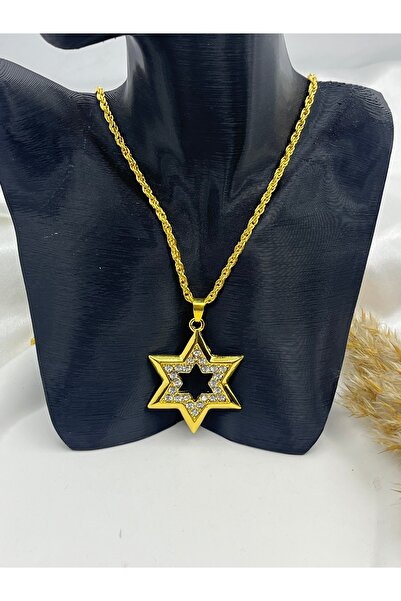 Yıldız Accessory Altı Köşeli Zirkon Taşlı Davut Yıldızı Gold Renkli Kolye