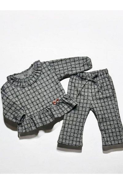 Zekids Baby Girl Checkered Baby Collar Knitted Trousers Set