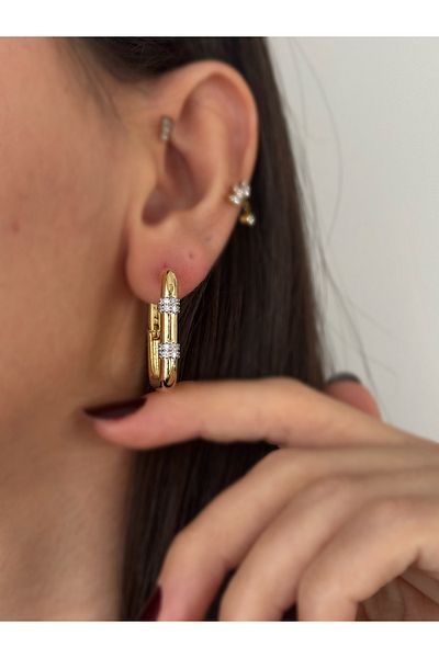 MioArt Serenay Trend Gold Earrings with Stones - Baguette