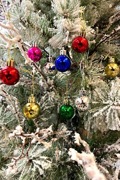 Huzur Party Store Γυαλιστερό Πολύχρωμο Μπαλάκι 3 εκ. Σετ 9 Χριστουγεννιάτικων Στολιδιών Πρωτοχρονιάτικου Δέντρου Πεύκου με Σχοινί Πολύχρωμο Στολίδι Δέντρου
