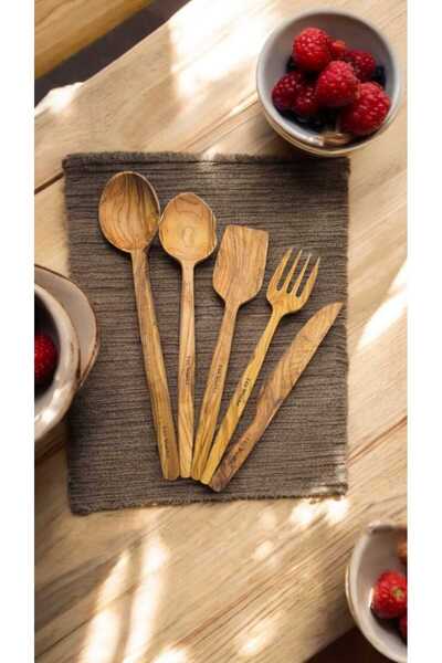 F&S WoodArt Edremite Olive Wood Natural Wood Handmade Set Spoon Scoop Spatula Fork Knife