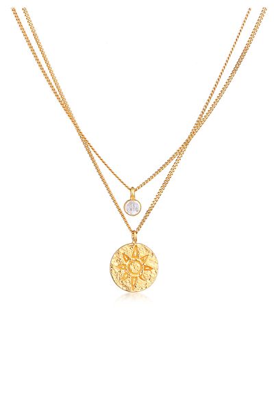 ELLI Canyon Layered Coin Halskette mit Mondstein-Edelstein-Sonne 925 vergoldet