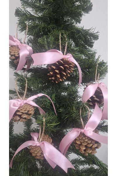 asöy Christmas Pine Tree Ornament Cone 6 Pieces Pink Ribbon Decorated Cone