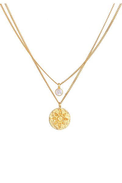 ELLI Canyon Layered Coin Halskette mit Mondstein-Edelstein-Sonne 925 vergoldet