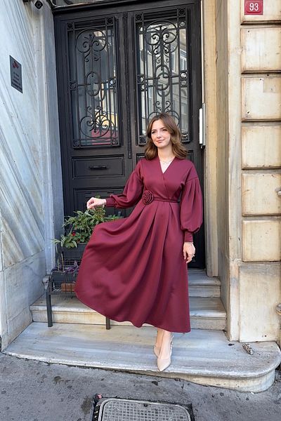 HELİS BUTİK Rochie Maxi Scuba Detaliată cu centură Rosa Burgundy Rose