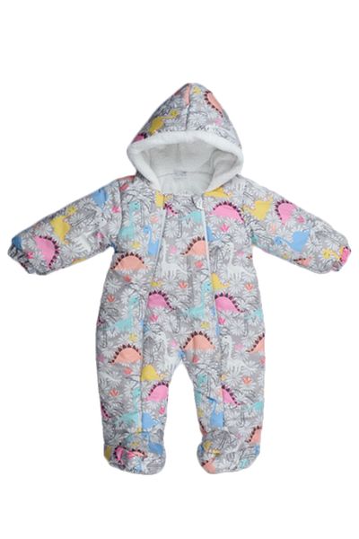 MAİBELLA Dinosaur Print Astronaut Jumpsuit for Baby Boys Girls - Hoodie with Booties, Zipper and Fur