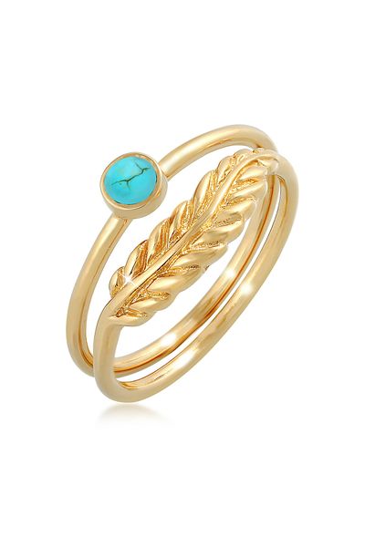 ELLI Ring Ladies Set Feather Howlite Turquoise Boho Summer Trend In 925 Sterling Silver