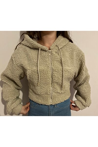 Meros Atelier Teddy Kapşonlu Suni Kürklü Kum Beji Crop Ceket Mont