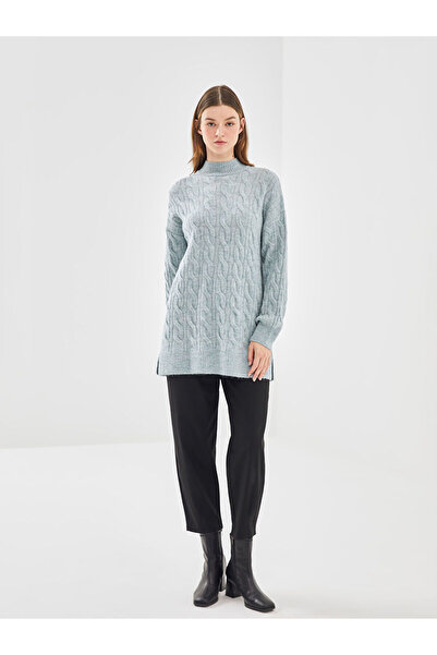 LC Waikiki LCW Modest Mavi Dik Yaka Kendinden Desenli Kadın Triko Tunik