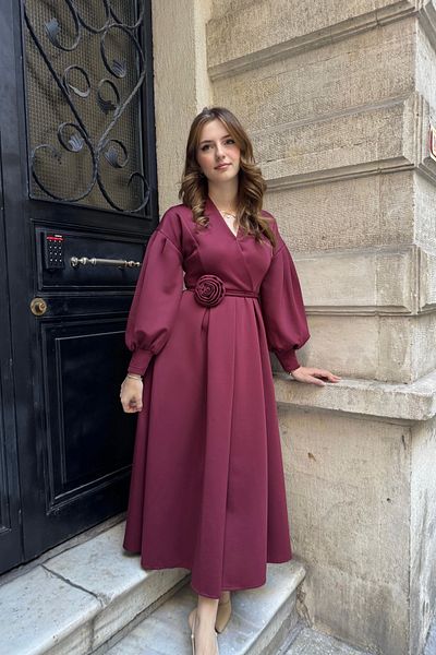 HELİS BUTİK Rochie Maxi Scuba Detaliată cu centură Rosa Burgundy Rose