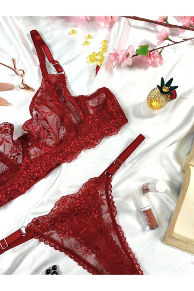 mendoza store Burgundy Brode Tulle Panty Bra Set