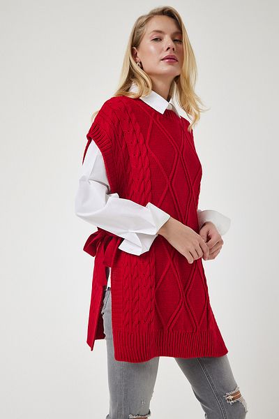 Lovelyİstanbul Oversize Red Knitwear Sweater - Lacing Detail Lyg0006