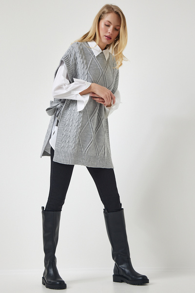 Lovelyİstanbul Oversize Gray Knitwear Sweater - Lacing Detail Lyg0006