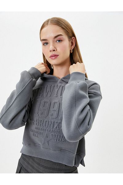 Koton Hooded Crop College Sweatshirt Comfortable Fit Ribbed Embossed Printed