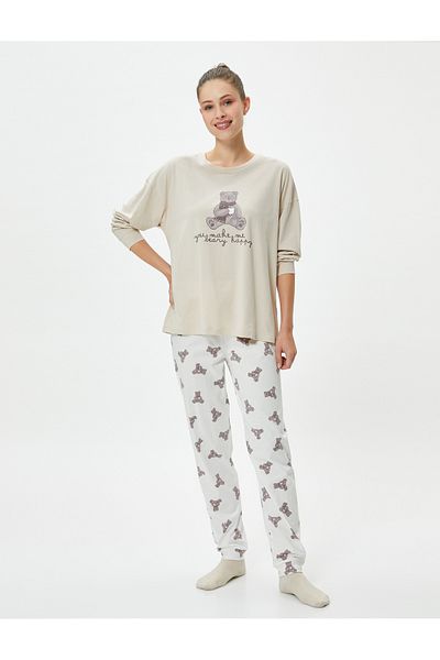 Koton Long Sleeve Pajama Set Printed Slim Leg Cotton