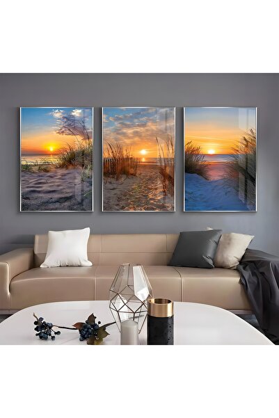 EMYA HOME Metal Çerçeveli Üçlü Gün Batımı Cam Tablo