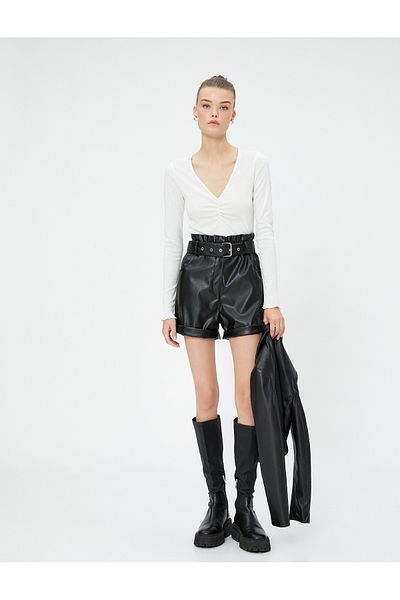 Koton Long Sleeve T-Shirt Crop V Neck Gathered