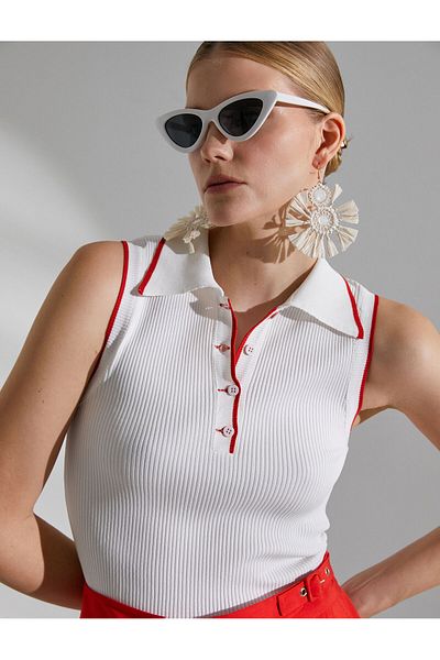Koton Melis Ağazat X Koton – Ärmelloses Tanktop aus Strick mit Polokragen
