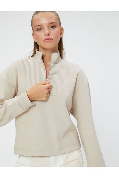 Koton Raised Half Zipper Sweatshirt Relaxed Fit Stand Collar Textured