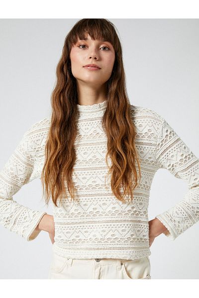Koton Openwork Sweater Stand Collar Long Sleeve