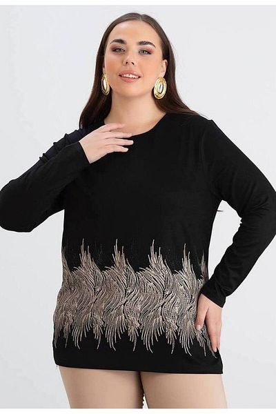 FOR ESRA BIG TREND Women's Plus Size Bottom Pattern Printed Crew Neck Side Slit Stretchy Viscose Blouse