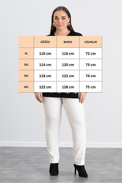 FOR ESRA BIG TREND Women's Plus Size Sleeve and Hemline Pattern Stone Print Stretchy Viscose Blouse with Side Slit