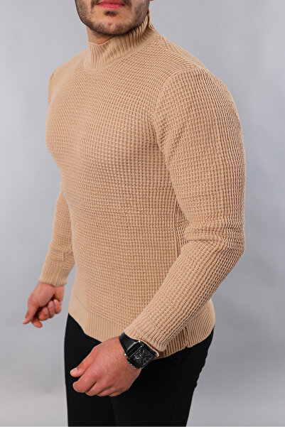 a02teks Ανδρικό πουλόβερ με λεπτή εφαρμογή HALF Turtleneck με ραβδώσεις