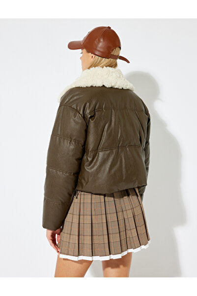 Koton Jachetă pufă cu guler din piele artificială, cu buzunare pentru acoperirea vântului cu fermoar