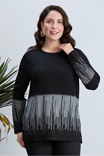 FOR ESRA BIG TREND Γυναικεία μανίκια και στρίφωμα μεγάλου μεγέθους με εμπριμέ πέτρινη λεπτομέρεια Μακρυμάνικη ελαστική μπλούζα βισκόζης με χαλαρή εφαρμογή