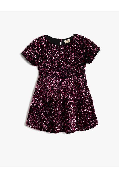 Koton Sequin Sequined Dress Round Neck Short Sleeve