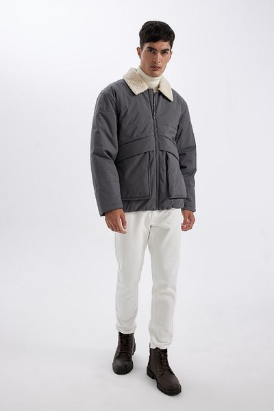 DeFacto Slim Fit Zippered Coat Slim Fit Polo Faux Fur Collar with Pockets 3137089