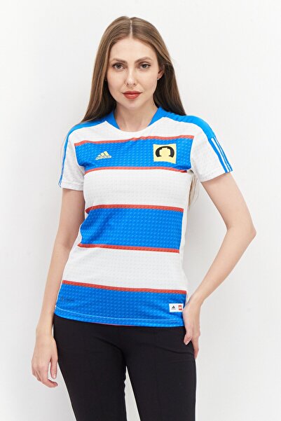 adidas تي شيرت رياضي نسائي بأكمام قصيرة للتدريب، أزرق