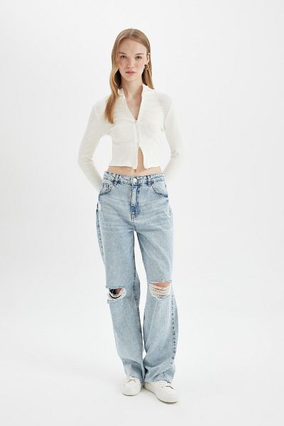 DeFacto High Waist Ripped Leg Long Jeans - 90S High Waist Cutout Leg C7320Ax24Au