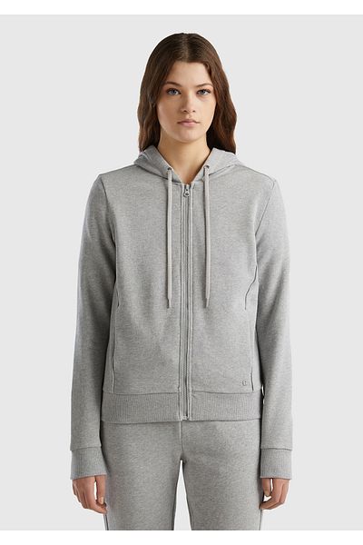 United Colors of Benetton Women's Gray Melange 100% Cotton Zippered Hooded Colorful Piping Sweatshirt
