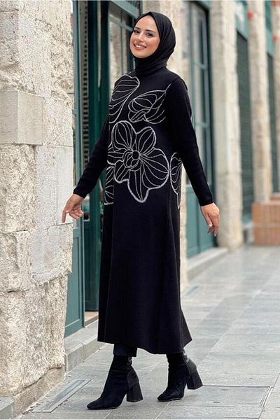 TRENDTESETTÜR Black-Silver Long Knitwear Tunic - Women's t 19181