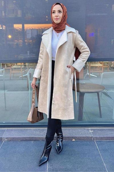 TRENDTESETTÜR Ecru Women's Belted Coat - A.Taş t 9595