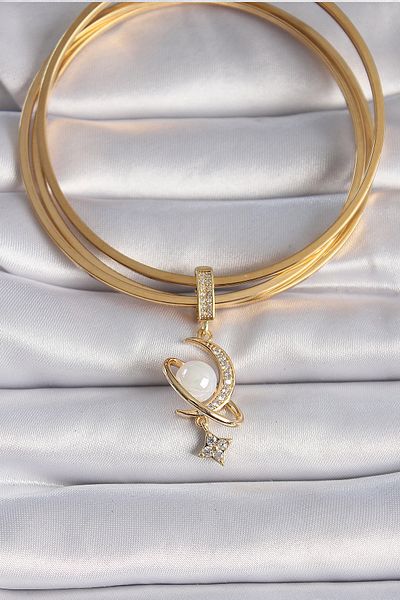 SeyCey.co Brass Gold Color Zircon Stone Detailed Crescent Model Hanging Ajda Charm with Pearls